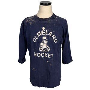 Vintage 70s Cleveland Barons Hockey Distressed 3/4 Sleeve Shirt Navy Blue